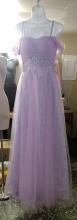 Lavender spaghetti strap prom dress with sequined and beaded mid-section (Front)