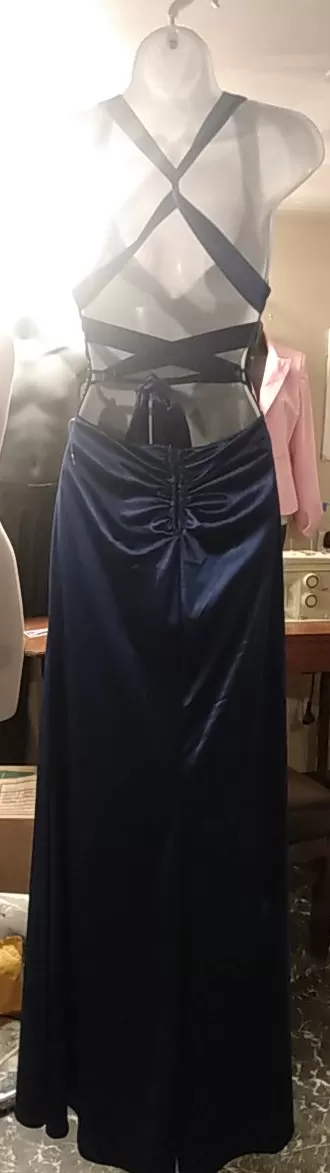 Dark blue corset open back prom dress (Rear)