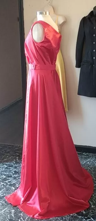 Red Satin Single Shoulder Prom Dress with Detachable Skirt Layer - Side