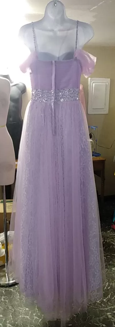 Lavender spaghetti strap prom dress with sequined and beaded mid-section (Rear)