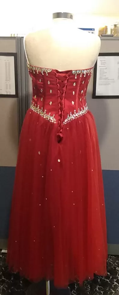 Red rhinestone strapless dress with sweetheart bust (Rear)