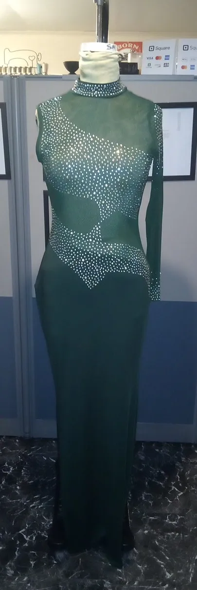 Green Rhinestone dress with single sleeve as seen from the front