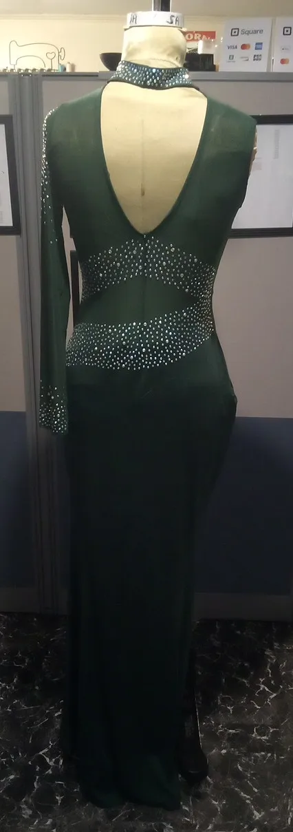 Green Rhinestone dress with single sleeve as seen from the resr