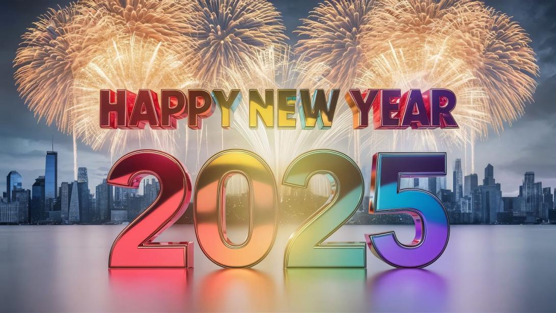 AI Generated image saying Happy New Year over the numerals 2025 with exploding fireworks over the night time skyline of a city