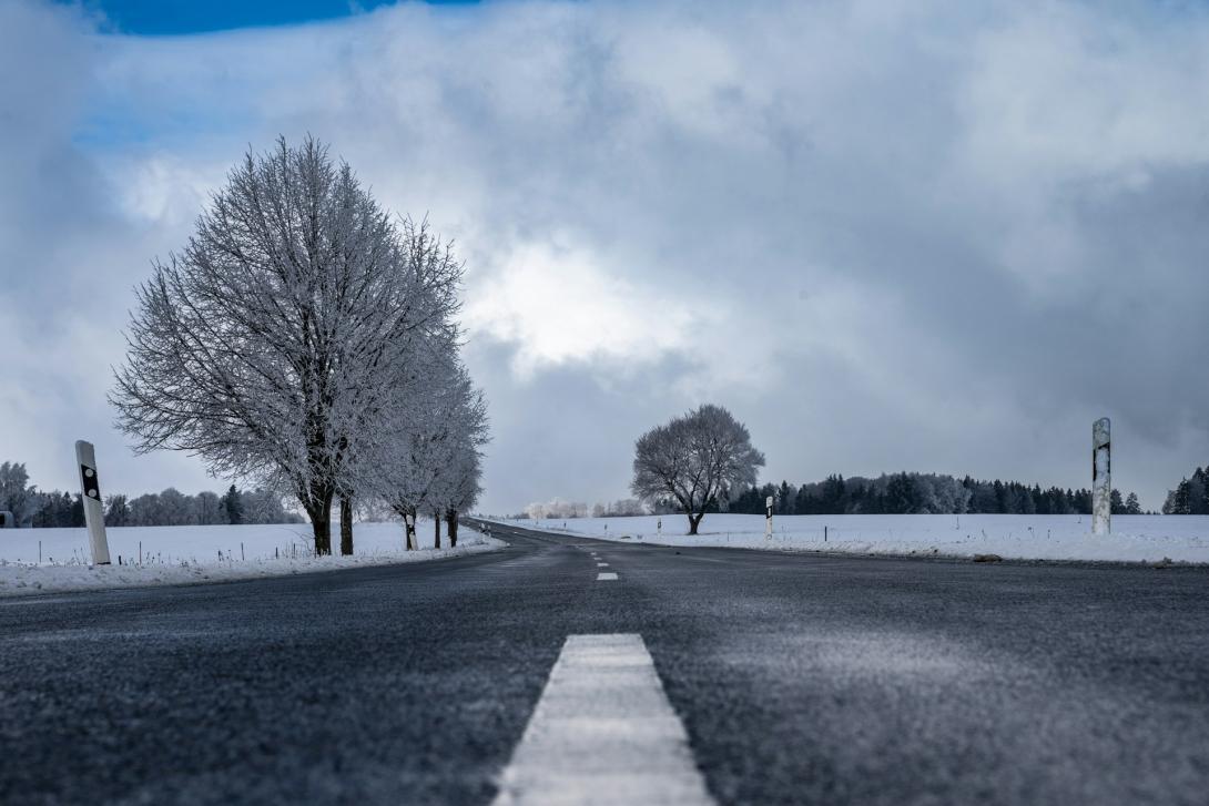 Image of a clear road with bare trees and a snowy background